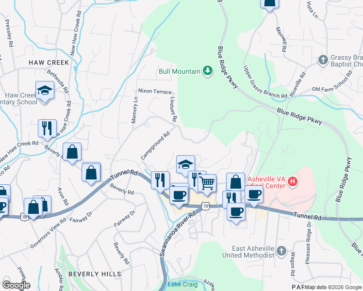map of restaurants, bars, coffee shops, grocery stores, and more near 107 Bull Mountain Road in Asheville