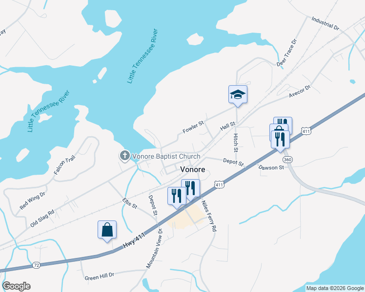 map of restaurants, bars, coffee shops, grocery stores, and more near 504 Church Street in Vonore