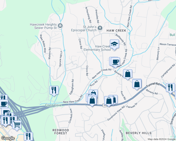 map of restaurants, bars, coffee shops, grocery stores, and more near 9 Cisco Road in Asheville