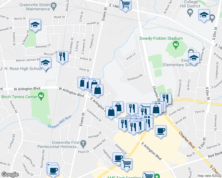 map of restaurants, bars, coffee shops, grocery stores, and more near 3 Palmetto Place in Greenville