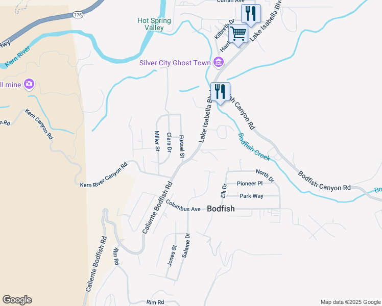 map of restaurants, bars, coffee shops, grocery stores, and more near 3425 Lake Isabella Boulevard in Bodfish