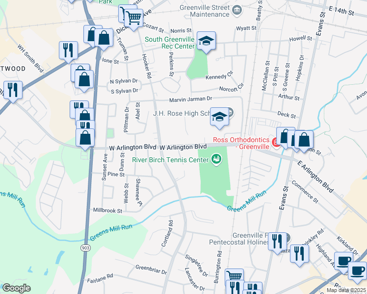 map of restaurants, bars, coffee shops, grocery stores, and more near 111 Lakeview Terrace in Greenville