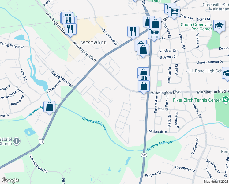 map of restaurants, bars, coffee shops, grocery stores, and more near 2603 Whitaker Drive in Greenville