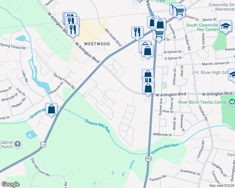 map of restaurants, bars, coffee shops, grocery stores, and more near 2613 Whitaker Drive in Greenville