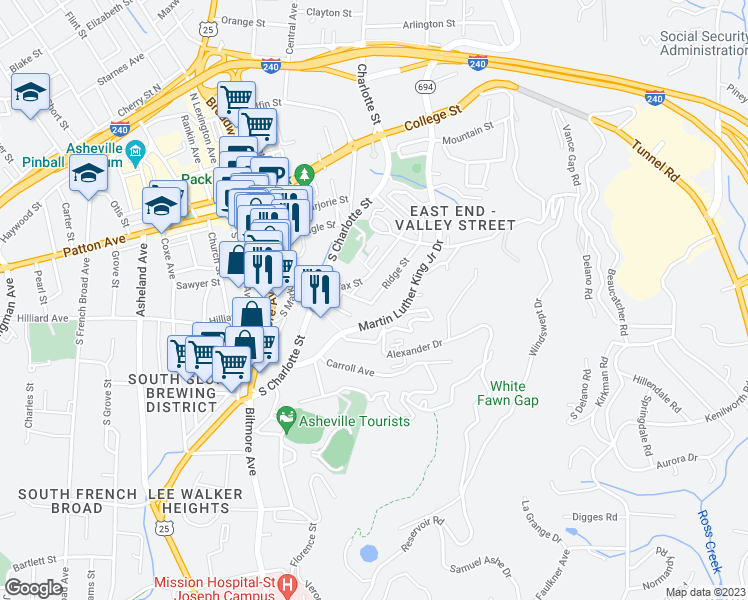 map of restaurants, bars, coffee shops, grocery stores, and more near 64 Ridge Street in Asheville