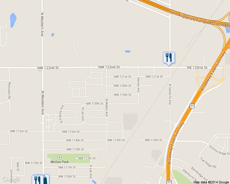 map of restaurants, bars, coffee shops, grocery stores, and more near 415 Northwest 119th Street in Oklahoma City