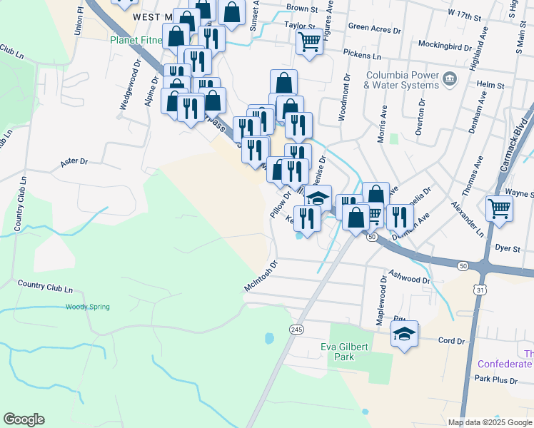 map of restaurants, bars, coffee shops, grocery stores, and more near 2508 Pillow Drive in Columbia