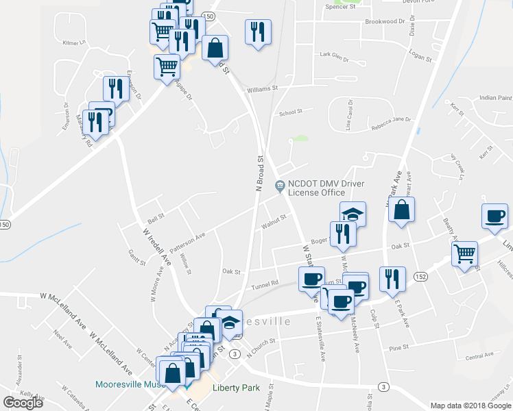 map of restaurants, bars, coffee shops, grocery stores, and more near 500 North Broad Street in Mooresville
