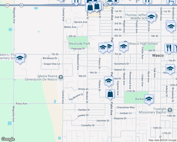 map of restaurants, bars, coffee shops, grocery stores, and more near 974 Beckes Street in Wasco