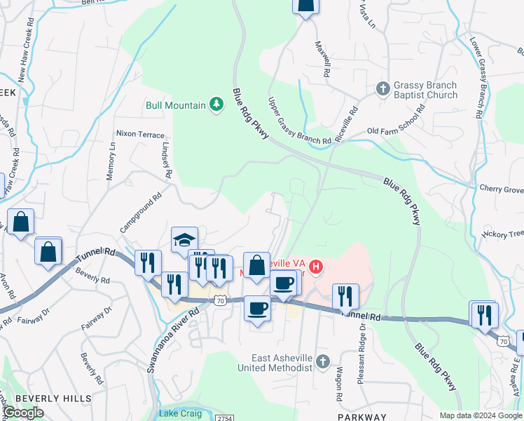 map of restaurants, bars, coffee shops, grocery stores, and more near 144 La Mancha Drive in Asheville