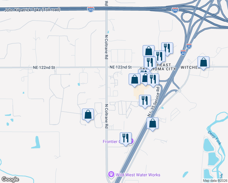 map of restaurants, bars, coffee shops, grocery stores, and more near 12100 Woodland Hills Way in Oklahoma City