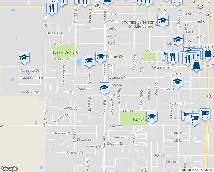 map of restaurants, bars, coffee shops, grocery stores, and more near 2025 Sunset Street in Wasco