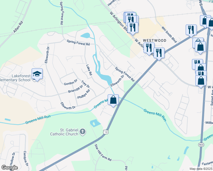 map of restaurants, bars, coffee shops, grocery stores, and more near 2802 Ellsworth Drive in Greenville