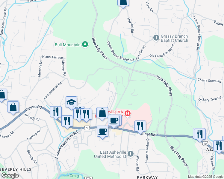 map of restaurants, bars, coffee shops, grocery stores, and more near 145 La Mancha Drive in Asheville