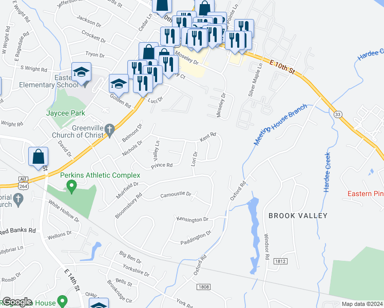 map of restaurants, bars, coffee shops, grocery stores, and more near 311 Lori Drive in Greenville
