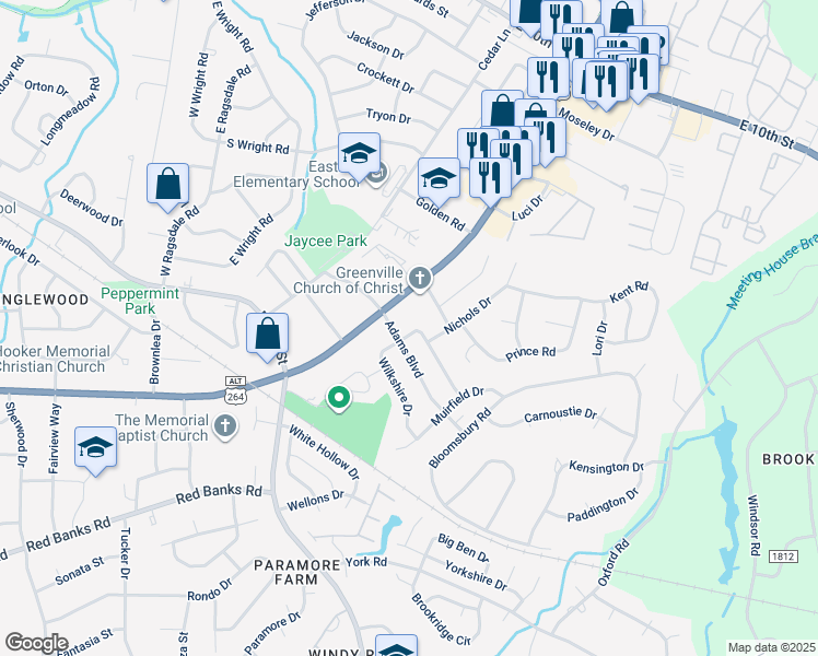 map of restaurants, bars, coffee shops, grocery stores, and more near 103 Templeton Drive in Greenville
