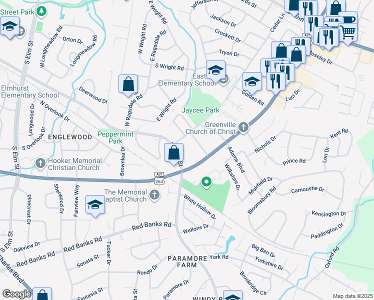 map of restaurants, bars, coffee shops, grocery stores, and more near 102 David Drive in Greenville