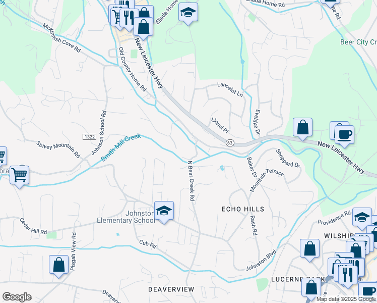 map of restaurants, bars, coffee shops, grocery stores, and more near 276 North Bear Creek Road in Asheville