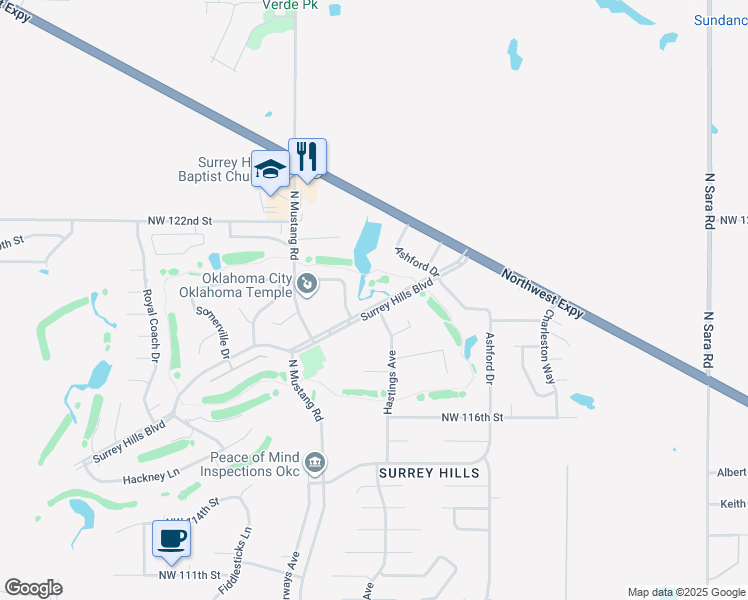 map of restaurants, bars, coffee shops, grocery stores, and more near 11203 Surrey Hills Boulevard in Yukon