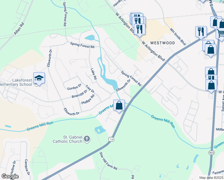 map of restaurants, bars, coffee shops, grocery stores, and more near 2802 Ellsworth Drive in Greenville