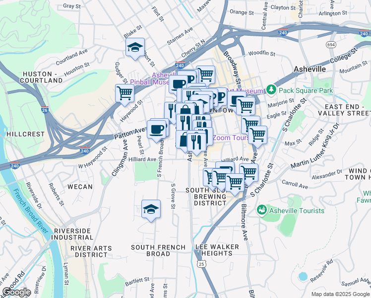 map of restaurants, bars, coffee shops, grocery stores, and more near 55 Asheland Avenue in Asheville