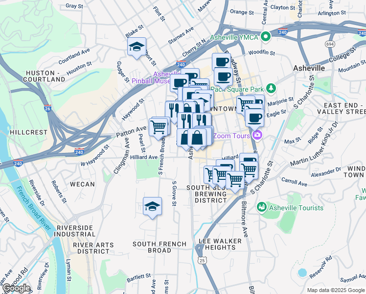 map of restaurants, bars, coffee shops, grocery stores, and more near 53 Asheland Avenue in Asheville
