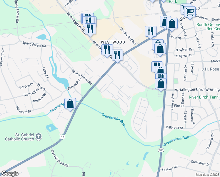 map of restaurants, bars, coffee shops, grocery stores, and more near 1205 Cross Creek Circle in Greenville