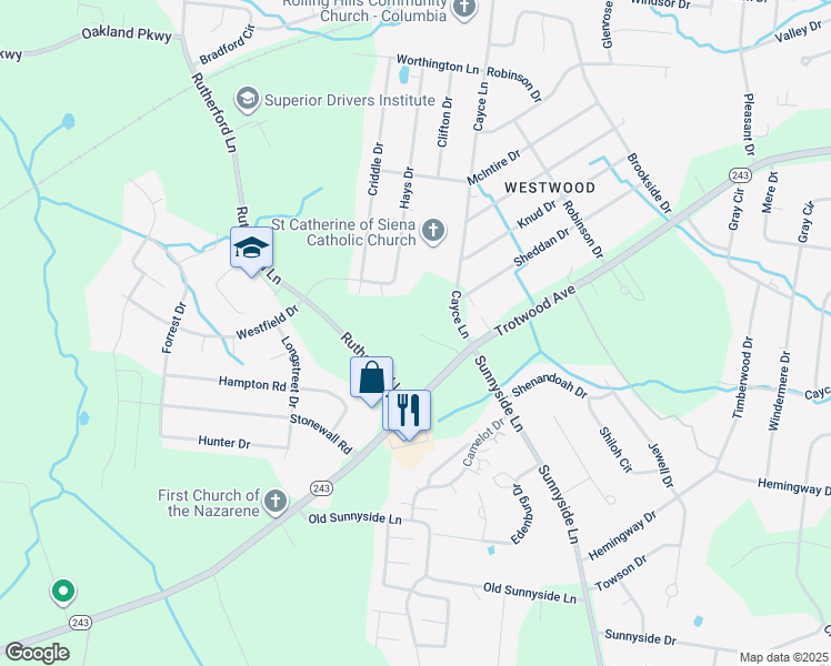 map of restaurants, bars, coffee shops, grocery stores, and more near 5004 Trotwood Avenue in Columbia