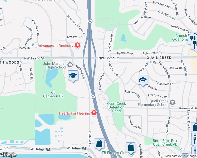 map of restaurants, bars, coffee shops, grocery stores, and more near 12005 Shady Trail Lane in Oklahoma City