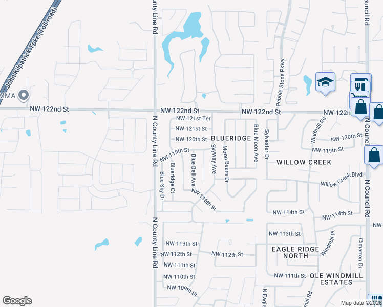 map of restaurants, bars, coffee shops, grocery stores, and more near 8820 NW 119th St in Oklahoma City