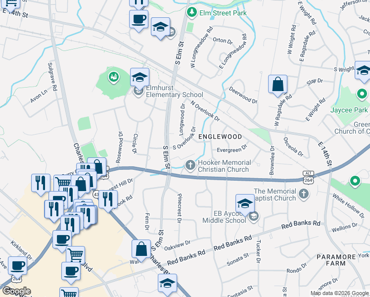 map of restaurants, bars, coffee shops, grocery stores, and more near 1204 South Overlook Drive in Greenville