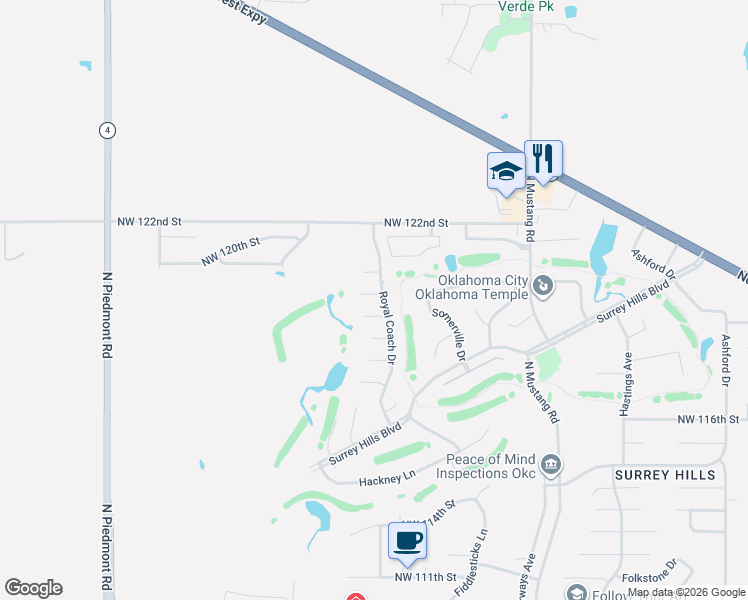 map of restaurants, bars, coffee shops, grocery stores, and more near 11704 Northwest 120th Street in Yukon