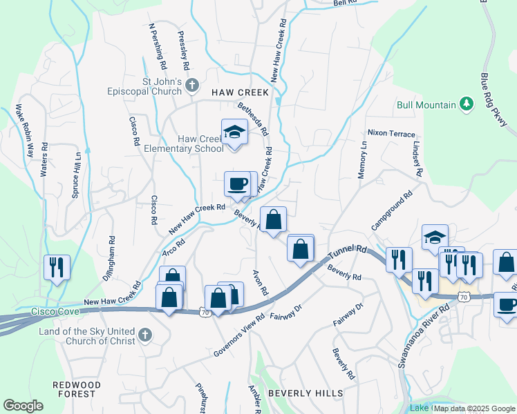 map of restaurants, bars, coffee shops, grocery stores, and more near 145 Haw Creek Mews Drive in Asheville