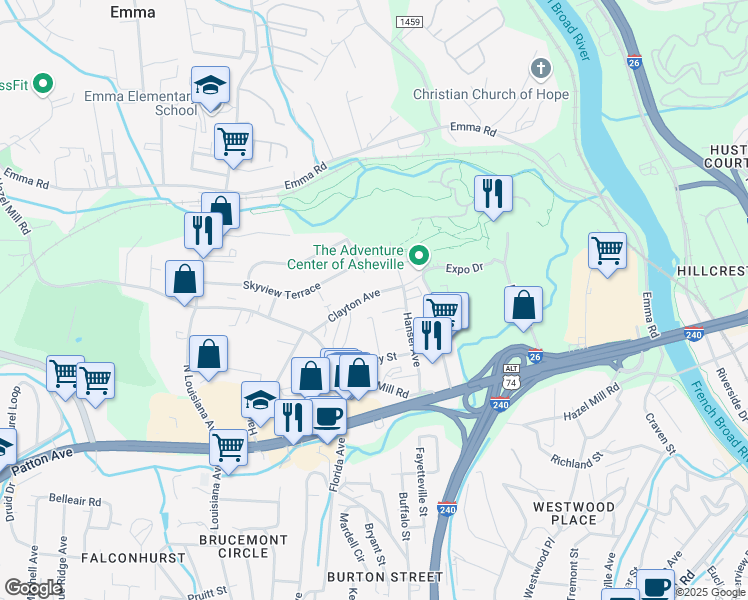 map of restaurants, bars, coffee shops, grocery stores, and more near 274 Clayton Avenue in Asheville