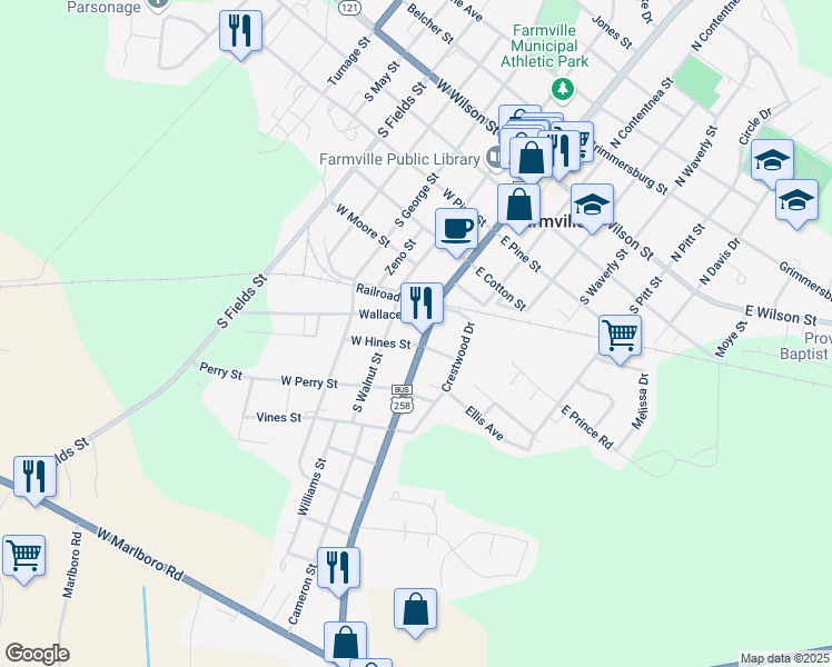 map of restaurants, bars, coffee shops, grocery stores, and more near 3928 S Main St in Farmville