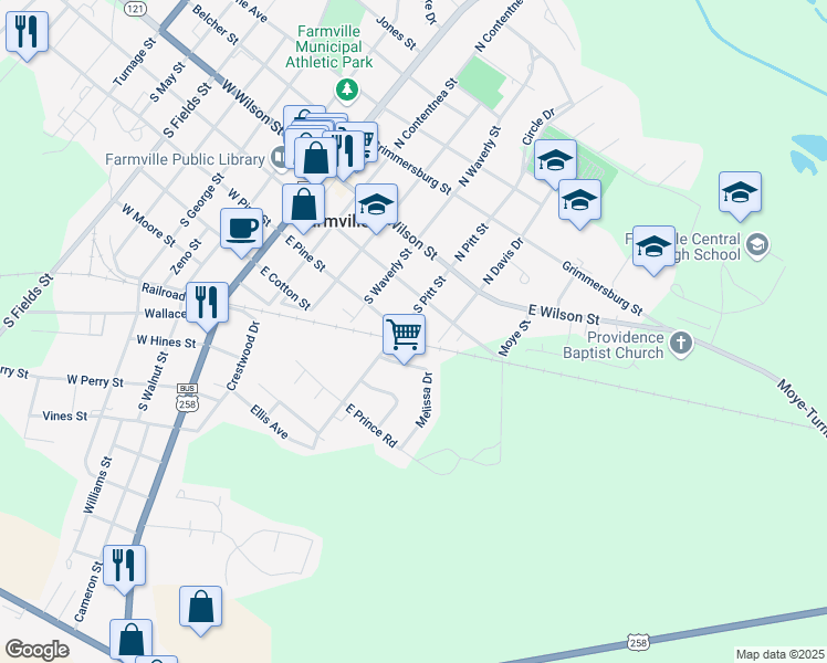 map of restaurants, bars, coffee shops, grocery stores, and more near 3463 South Pitt Street in Farmville