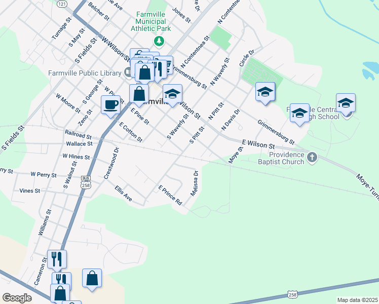 map of restaurants, bars, coffee shops, grocery stores, and more near 3463 South Pitt Street in Farmville