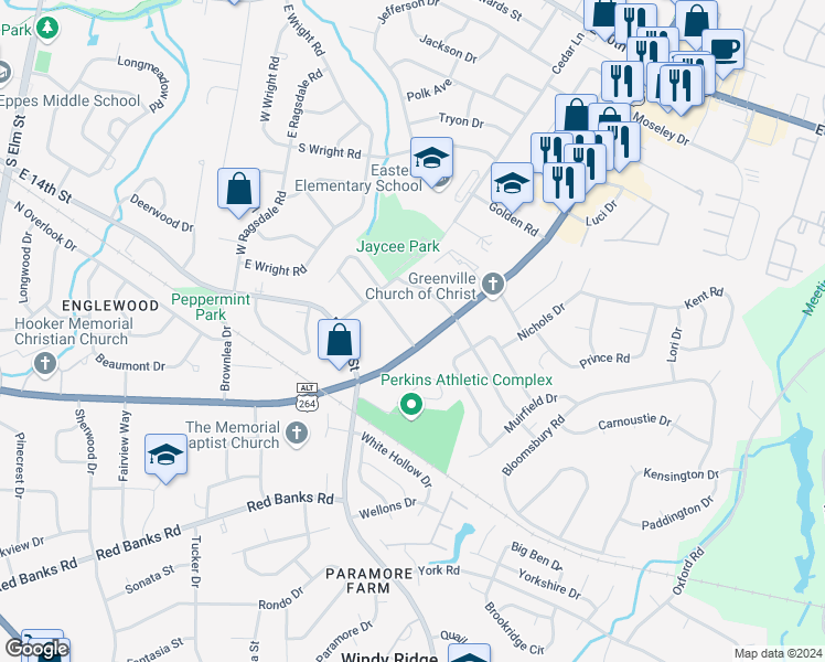 map of restaurants, bars, coffee shops, grocery stores, and more near 1701 Greenville Boulevard Southeast in Greenville