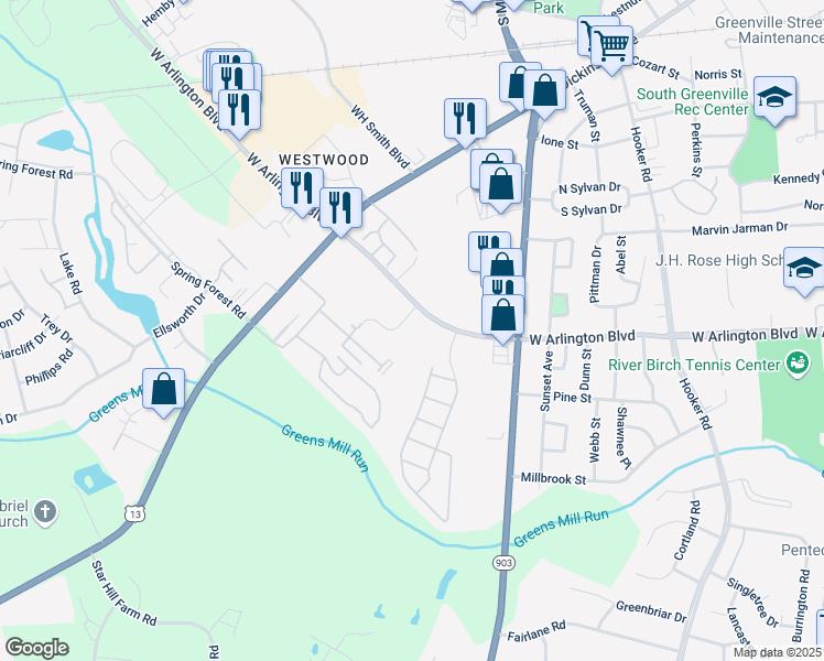 map of restaurants, bars, coffee shops, grocery stores, and more near 2603 Whitaker Drive in Greenville