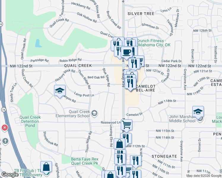 map of restaurants, bars, coffee shops, grocery stores, and more near 12008 Blue Sage Road in Oklahoma City