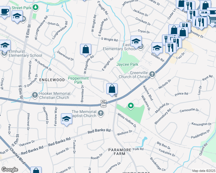 map of restaurants, bars, coffee shops, grocery stores, and more near 1504 East 14th Street in Greenville