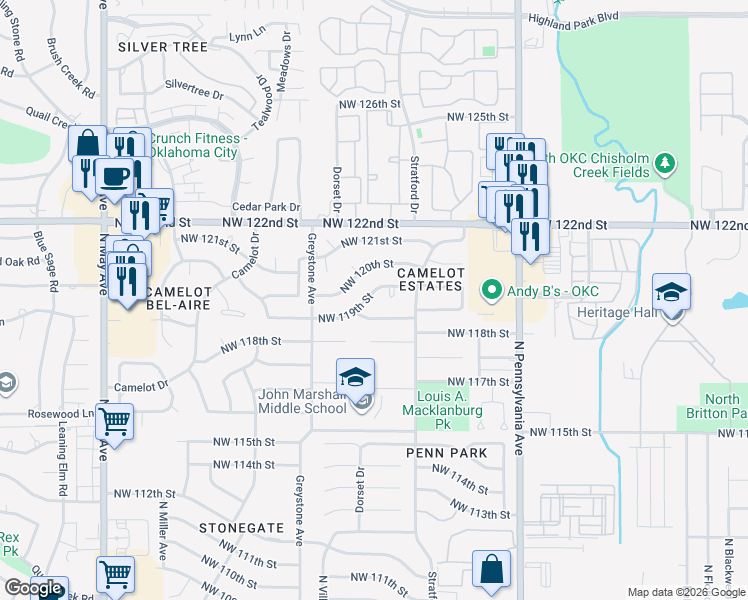 map of restaurants, bars, coffee shops, grocery stores, and more near 2332 Northwest 119th Street in Oklahoma City