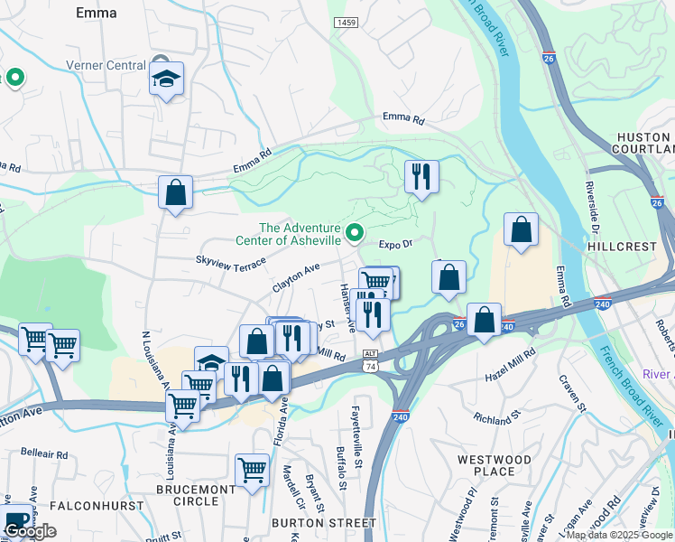 map of restaurants, bars, coffee shops, grocery stores, and more near 78 State Road 1334 in Asheville