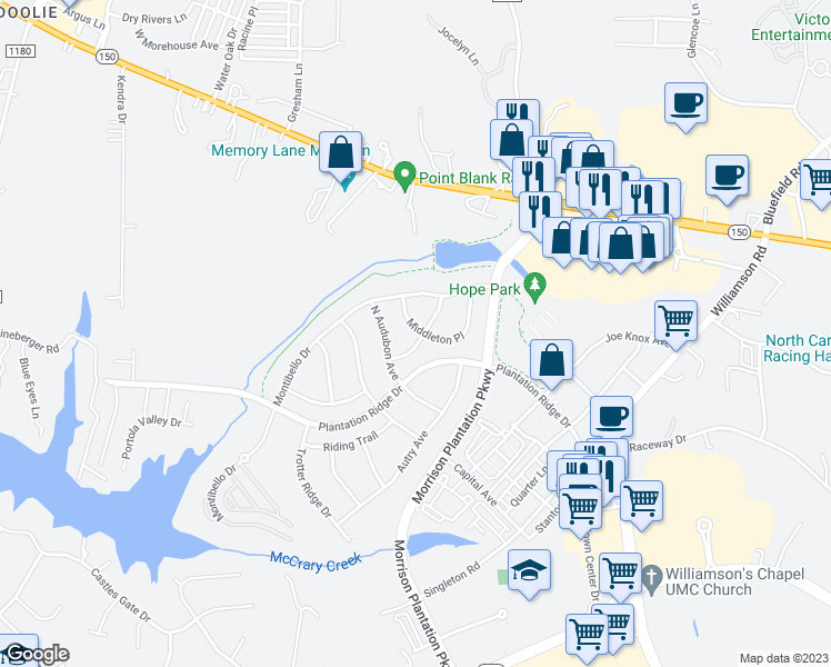 map of restaurants, bars, coffee shops, grocery stores, and more near 130 North Audubon Avenue in Mooresville