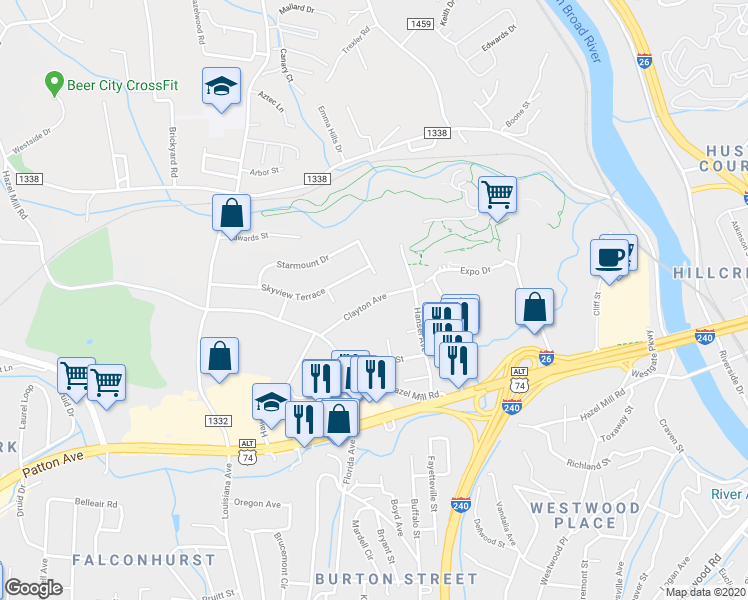 map of restaurants, bars, coffee shops, grocery stores, and more near 280 Clayton Avenue in Asheville