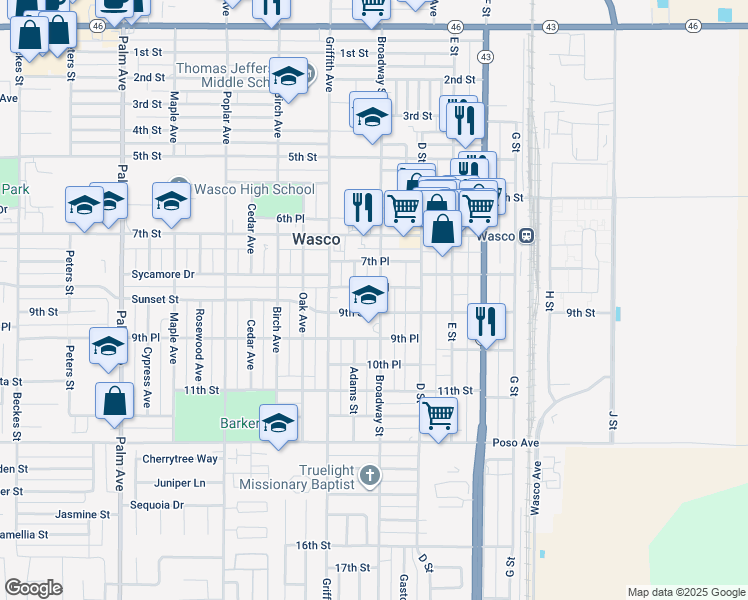 map of restaurants, bars, coffee shops, grocery stores, and more near 821 Broadway St in Wasco