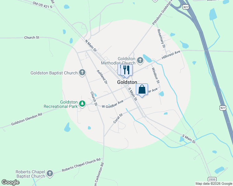 map of restaurants, bars, coffee shops, grocery stores, and more near 175 Colonial Street in Goldston