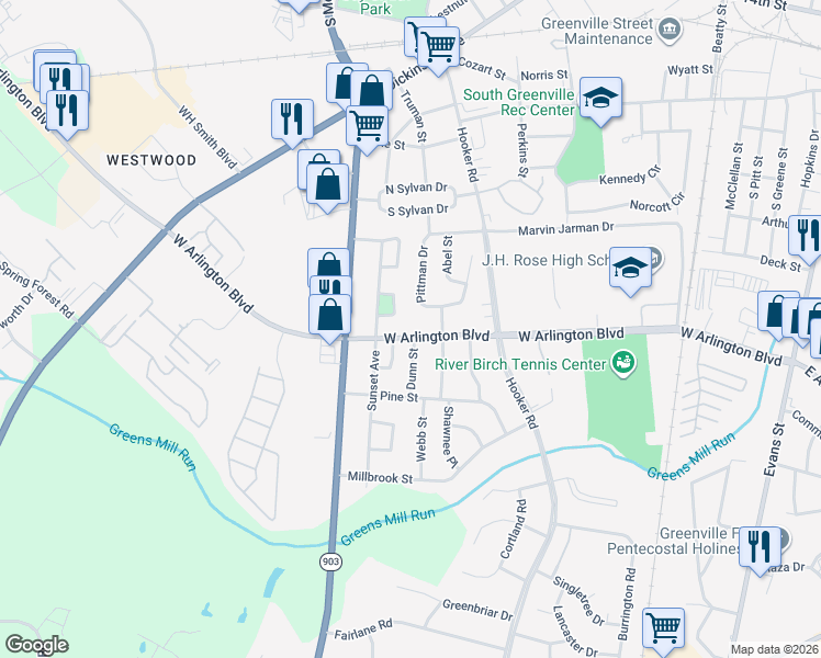 map of restaurants, bars, coffee shops, grocery stores, and more near 1002 W Arlington Blvd in Greenville