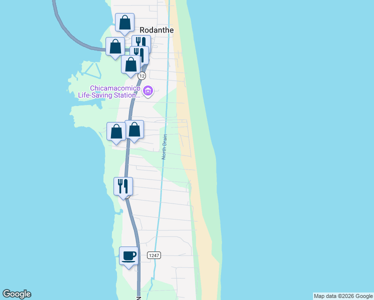 map of restaurants, bars, coffee shops, grocery stores, and more near 23213 Sea Haven Drive in Dare County