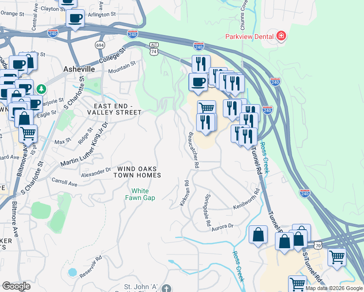 map of restaurants, bars, coffee shops, grocery stores, and more near 25 Delano Road in Asheville
